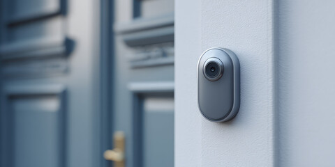 A sleek doorbell camera is mounted on the side of an exterior door. Security technology, modern home