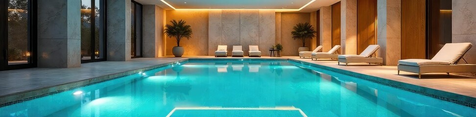 Luxury indoor pool with calming blue water, elegant lighting, and modern architecture Perfect for relaxation and wellness Enjoy the tranquil atmosphere , relaxation, health, sophistication