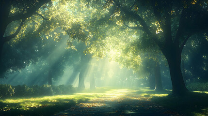 Obraz premium Sunlight streams through a tranquil forest pathway.