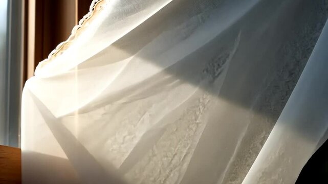 Close-up view of a delicate white lace curtain blowing gently in the sunlight near a wooden window frame. Soft lighting and airy texture create a serene atmosphere.