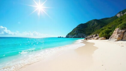 Sun-drenched beach scene with vibrant turquoise water and white sand , clear, sand