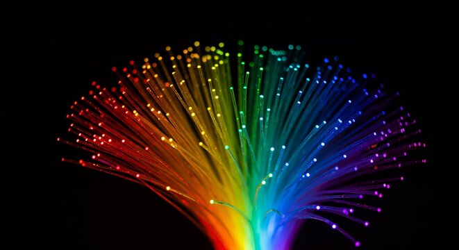 A vibrant display of fiber optic strands glowing with a spectrum of rainbow colors, fanning out against a stark black background, showcasing light transmission technology. - Powered by Adobe