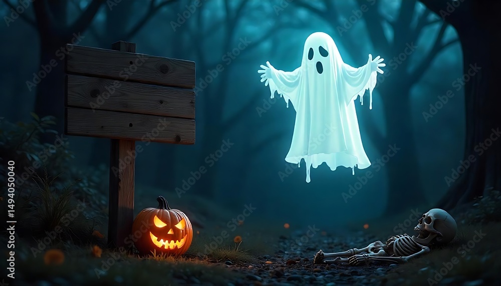 Fototapete a glowing white ghost floating above a wooden sign in a spooky night scene, with a carved jack-o-lan