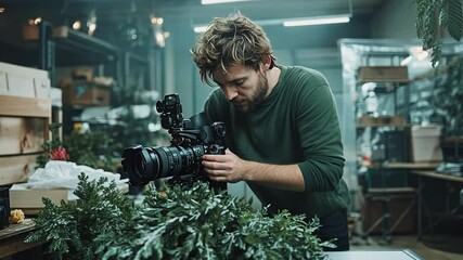 A man with curly hair and a beard focuses on setting up his camera near green plants with a neutral gray background. He wears a green shirt in a workspace.