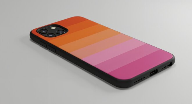 A close-up view of a black smartphone featuring a vibrant striped case with a gradient of warm orange and pink hues, resting on a plain light grey surface. - Powered by Adobe