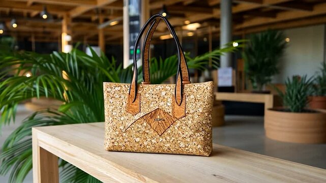 Cork handbag on a wooden surface in a bright interior setting next to a plant with green leaves. Modern and environmentally friendly design.