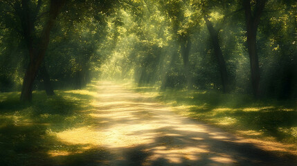 Naklejka premium Sunlight-dappled path within a verdant forest.