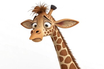 a whimsical 3d cartoon of a giraffe. The giraffe has a long neck covered in brown spots, large ears, and a tuft of messy hair on top of its head -generated by ai