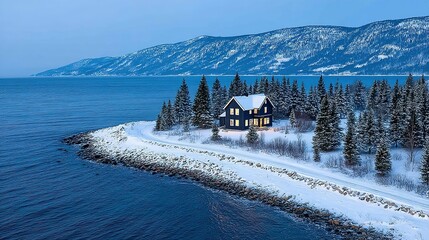 Snowy winter landscape with a house by the lake.