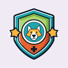Cute Cartoon Dog Badge with Shield and Stars, great for pet care