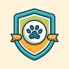 Cute Dog Paw Icon on Shield with Ribbon, Great Pet Logo