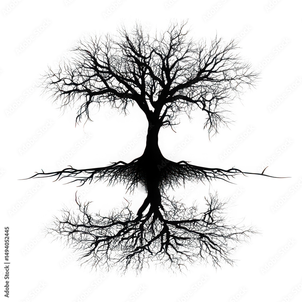 Poster abstract tree with mirrored roots and branches. silhouette of a tree
