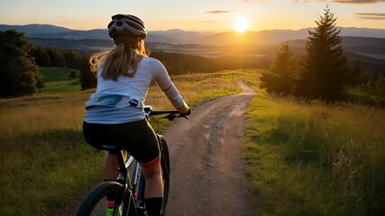 Woman riding a mountain bike on a gravel road at sunset surrounded by green grass and trees golden hour lighting. - Powered by Adobe