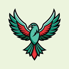 Stylized bird illustration with spread wings in teal, green and red colors