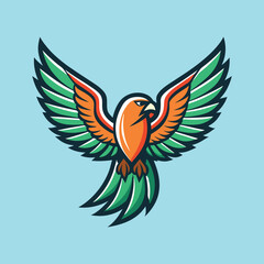 Stylized Green and Orange Parrot in Flight with Aggressive Expression Mascot