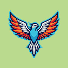 Majestic colorful bird mascot logo with spread wings on light green backdrop
