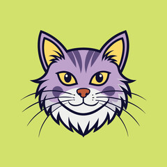 Smiling Cartoon Cat Face with Purple Stripes and Yellow Eyes Illustration