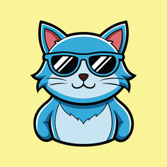 A cool and stylish cartoon blue cat wearing sunglasses on yellow background