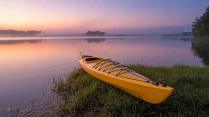 Colorful Kayak at Lake Edge During Sunrise Glow
