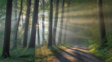 Pathway Through Forest Lit by Sunset Rays