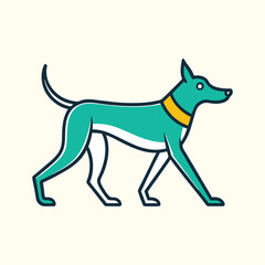 Stylized teal dog with yellow collar walking in profile against cream background