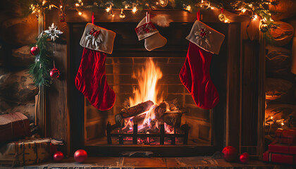 cozy fireplace with christmas stockings hanging