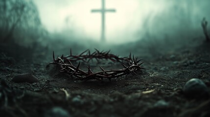 Worn crown of thorns resting on earth with a distant hazy cross in background, moody lighting and soft focus creating a powerful atmosphere of solitude, reflection, spirituality, and contemplation