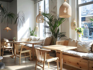 A bright, airy café with light wood furniture and hanging lamps.
