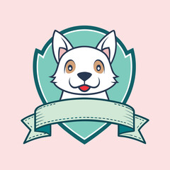 Cartoon White Dog Head Logo on a Turquoise Shield Emblem