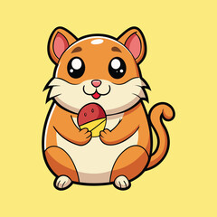 Adorable cartoon hamster enjoying a colorful treat on a yellow background