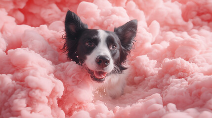 A border collie emerges playfully from vibrant pink fluffy clouds, showcasing excitement and joy in a picturesque park setting under a clear sky