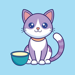 Cartoon Cat with Big Eyes Sitting Beside a Bowl of Food