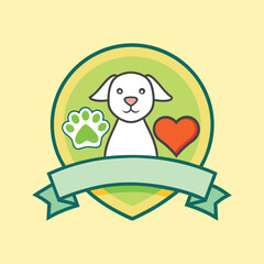 Cartoon animal welfare emblem with dog, paw print, and heart design