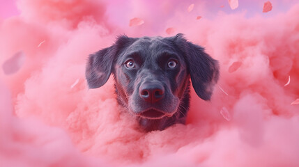 A black dog with striking blue eyes appears amidst fluffy pink clouds, creating a dreamlike atmosphere. The unique colors enhance the enchanting mood