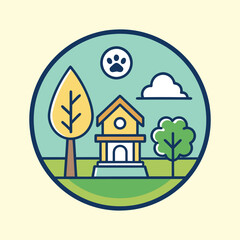 Stylized Dog House in a Whimsical Outdoor Setting within a Circle