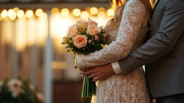 Romantic scene of a couple embracing with a bouquet in the sunset. The woman wears a lace dress, and the man is in a grey suit. Soft lighting creates a warm ambiance.