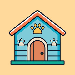 Stylized cartoon doghouse illustration in pastel colors on a peach background