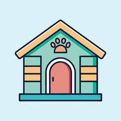 Cute Cartoon Doghouse Illustration with a Paw Print on a Light Blue Background
