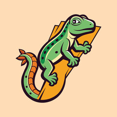 Cartoon Gecko Mascot Clinging to Orange Plank, Playful and Vibrant Art