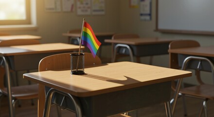 A small rainbow LGBTQ+ pride flag sits in a pen holder on a wooden desk in an empty sunlit classroom, symbolizing inclusion and diversity in education.