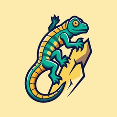 Cartoon lizard with stripes climbing on a stylized jagged rock formation