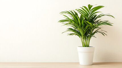Fototapeta premium Vibrant indoor flower plant areca palm in white pot, adding touch of nature and freshness to room decor