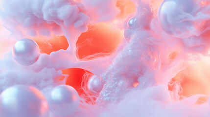 A vibrant display of soft pink and white clouds interspersed with glowing pearls creates an enchanting, dreamlike atmosphere, evoking a sense of wonder and beauty