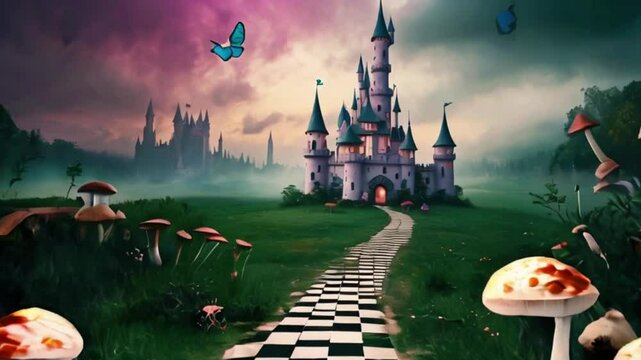 Alice in Wonderland theme poster, Fantasy Landscape with Mushrooms, Castle, Butterflies, and a Checkered Path. Magical Animation Footage, Background, created with generative ai