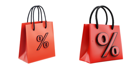 Stylish Red Shopping Bags with Percent Sign on Transparent Background
