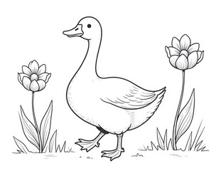 Obraz premium Duck and Flowers: A Relaxing Coloring Page. Stress relief coloring page for adults and kids. Ready to print on standard 8.5x11 inch paper