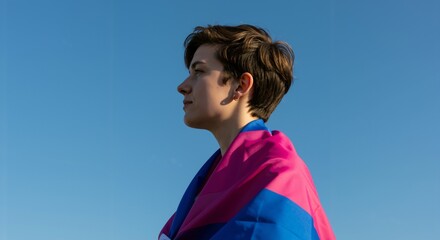 Young person with short brown hair, draped in a bisexual pride flag, looking thoughtfully into the distance against a clear blue sky, representing LGBTQ+ identity and pride.