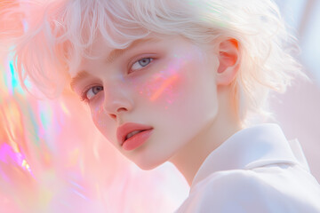 Fototapeta premium A young person with striking white hair and clear blue eyes gazes thoughtfully. Soft colorful reflections create an ethereal atmosphere around them, enhancing their features