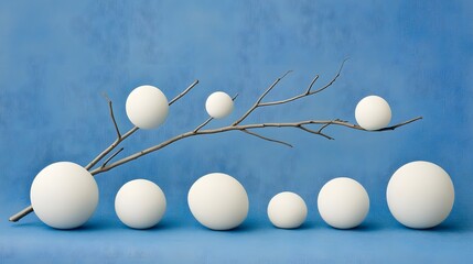White Spheres Balanced on Branch Minimalist Still Life Photography