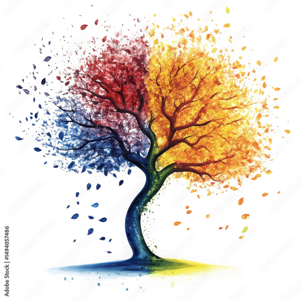 Poster abstract four seasons tree with falling leaves. abstract tree with colorful splashes